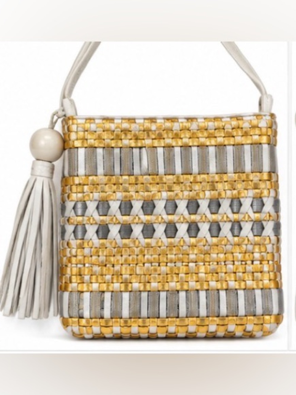Vintage Sharif Metallic Gold White Woven Crossbody Tassel Bag